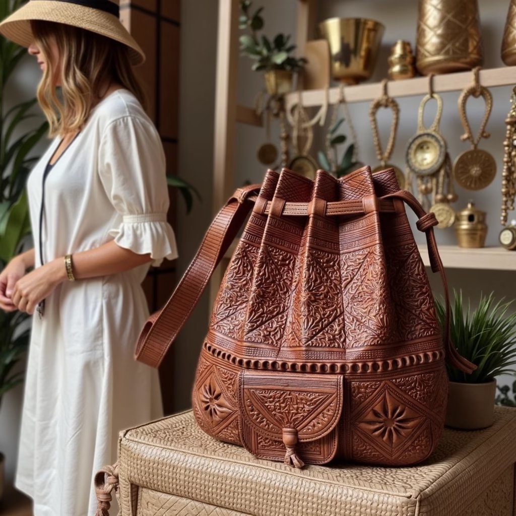 Convertible Leather Shoulder Bag – Hand-Tooled Goat Leather