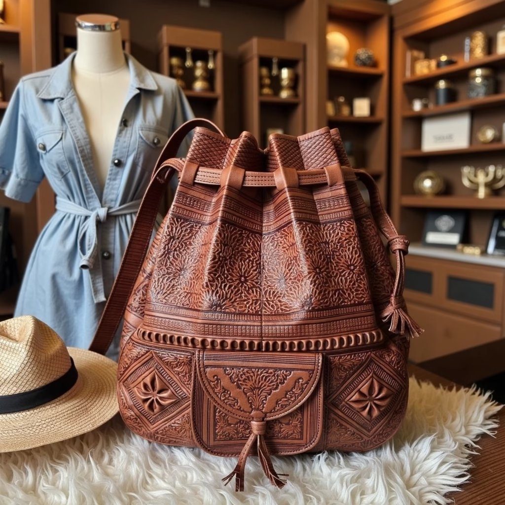 Convertible Leather Shoulder Bag – Hand-Tooled Goat Leather