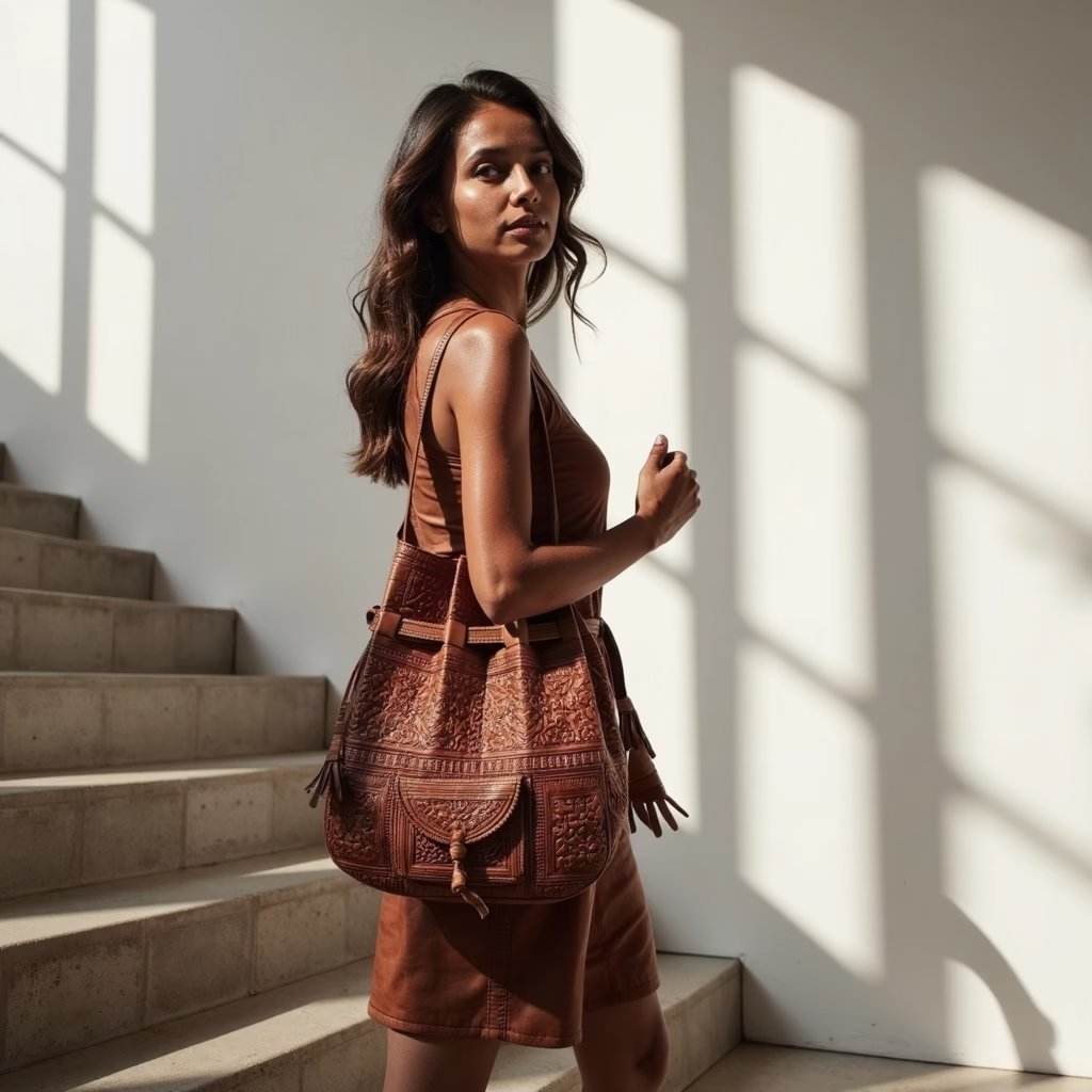 Convertible Leather Shoulder Bag – Hand-Tooled Goat Leather