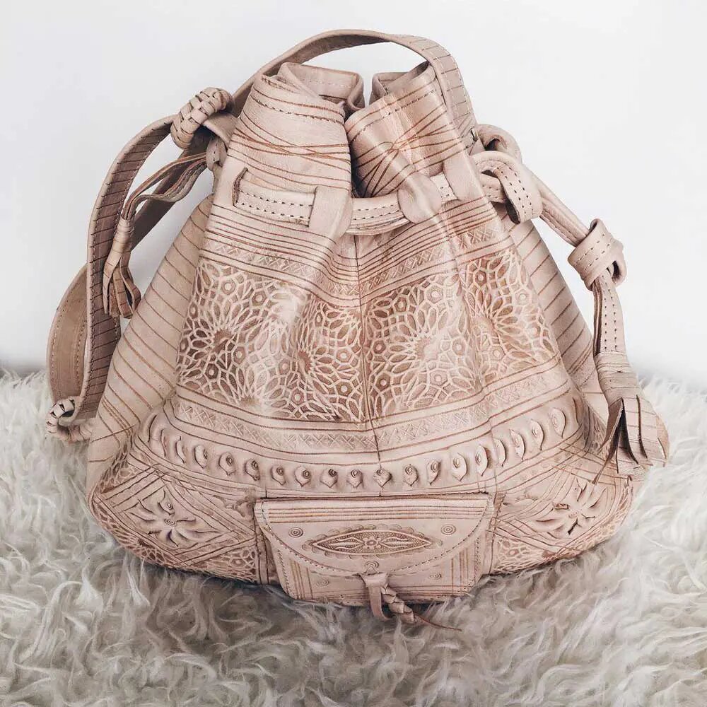 Convertible Leather Shoulder Bag – Hand-Tooled Goat Leather