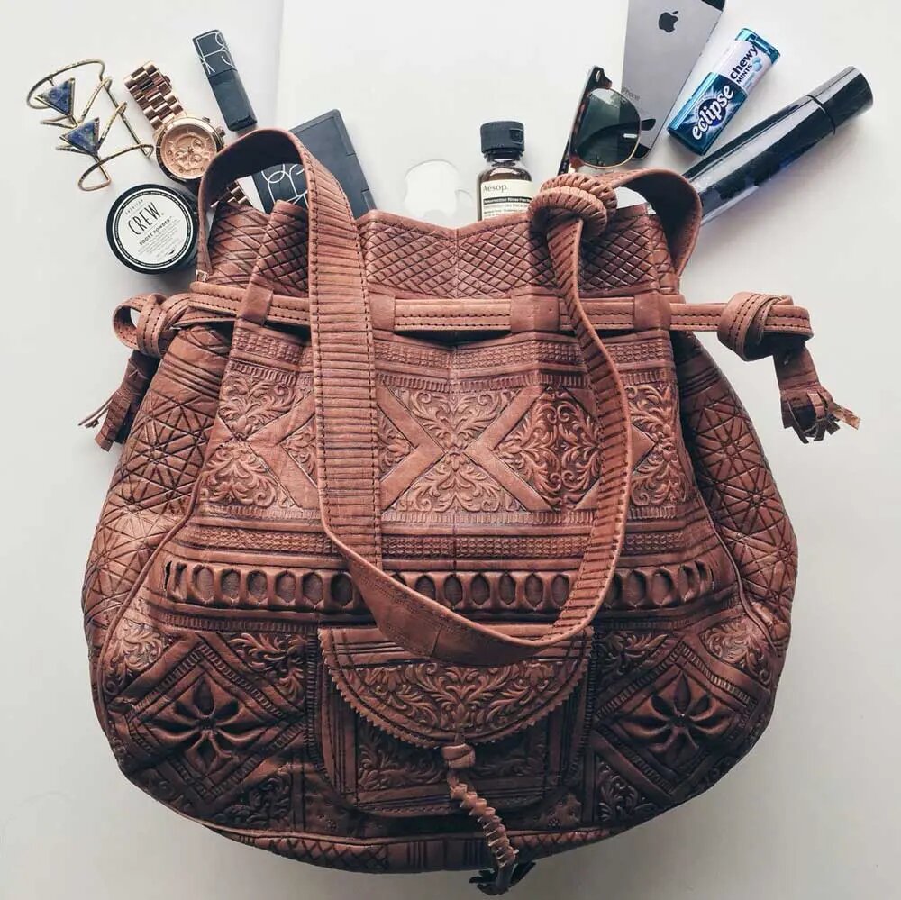 Convertible Leather Shoulder Bag – Hand-Tooled Goat Leather