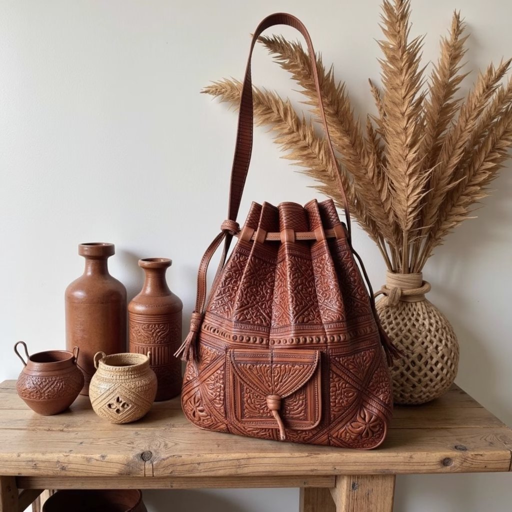 Convertible Leather Shoulder Bag – Hand-Tooled Goat Leather