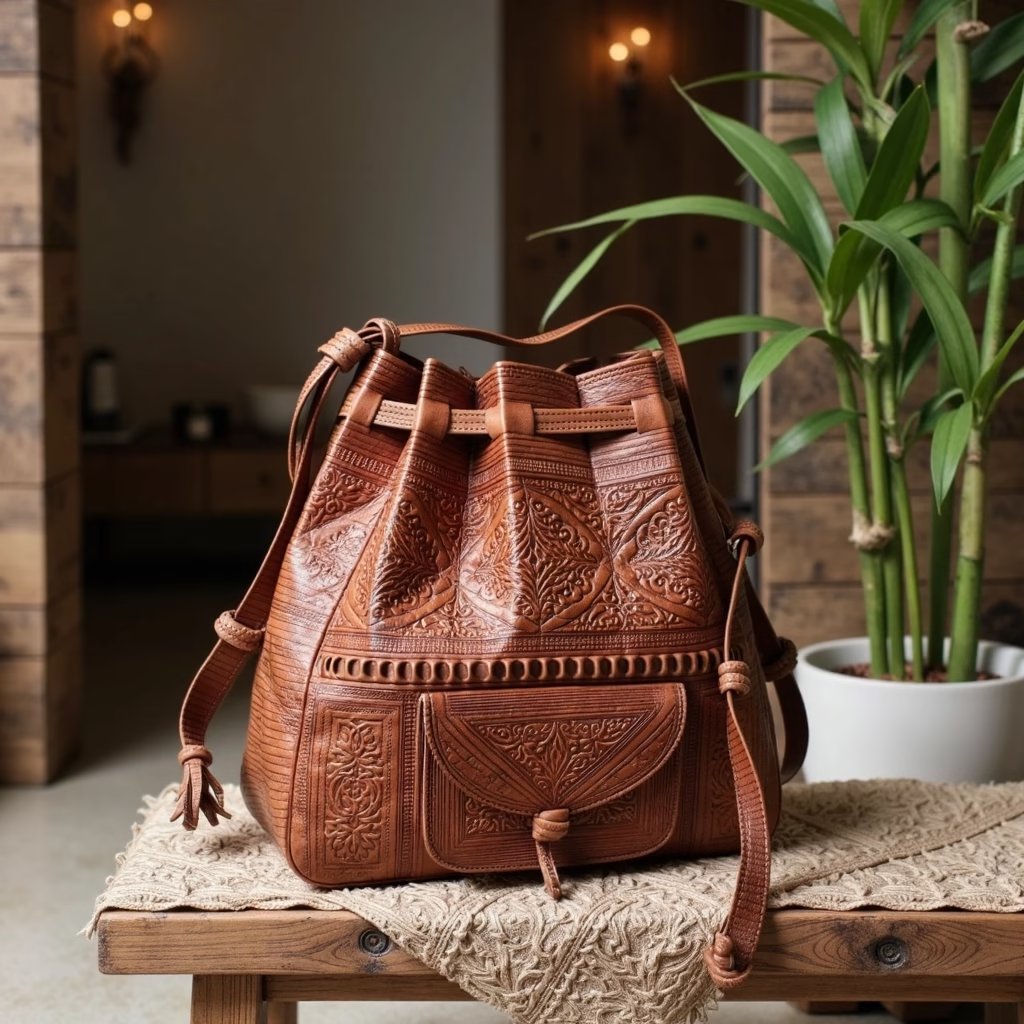 Convertible Leather Shoulder Bag – Hand-Tooled Goat Leather