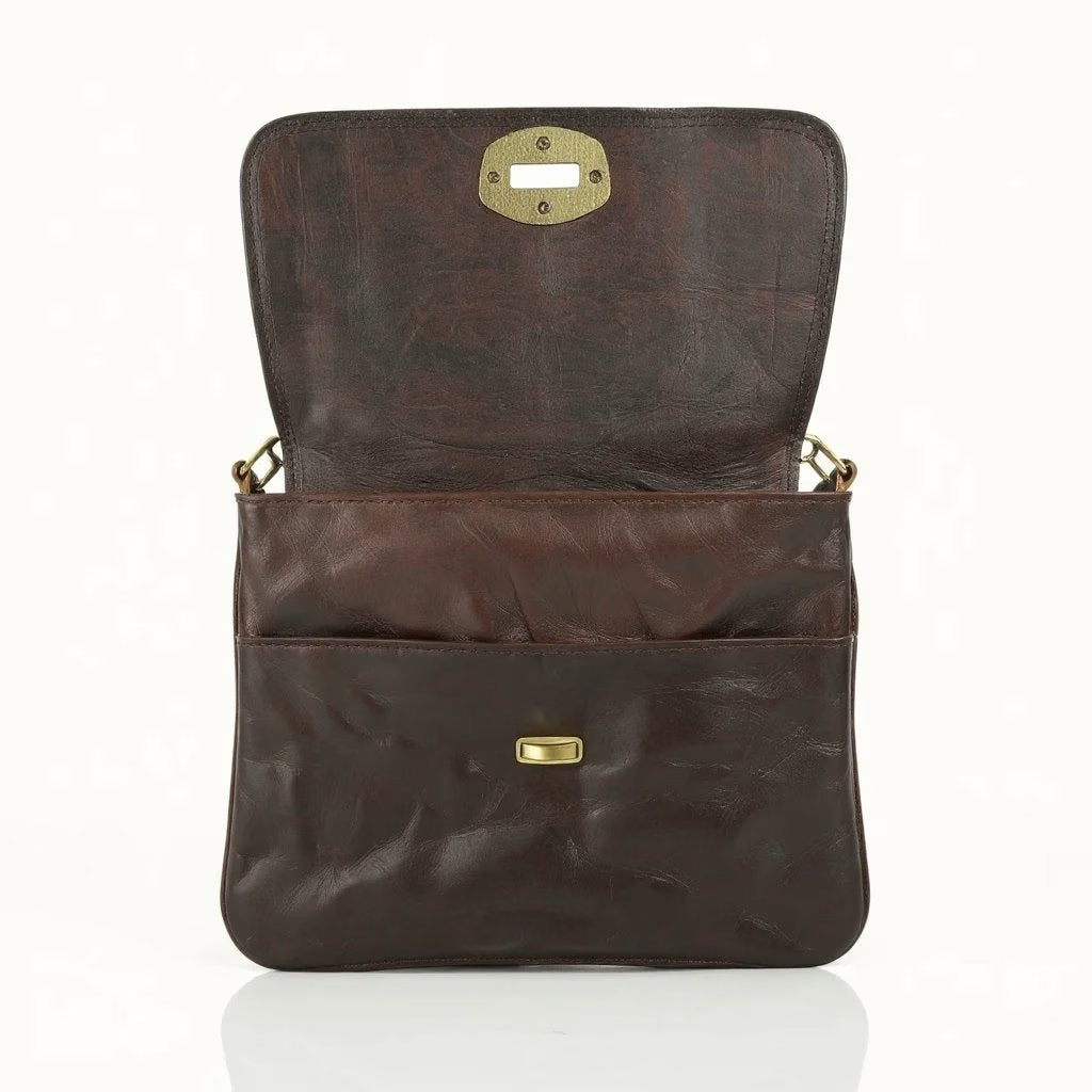 Dark Brown Leather Crossbody Bag – Goat Leather with Brass Hardware