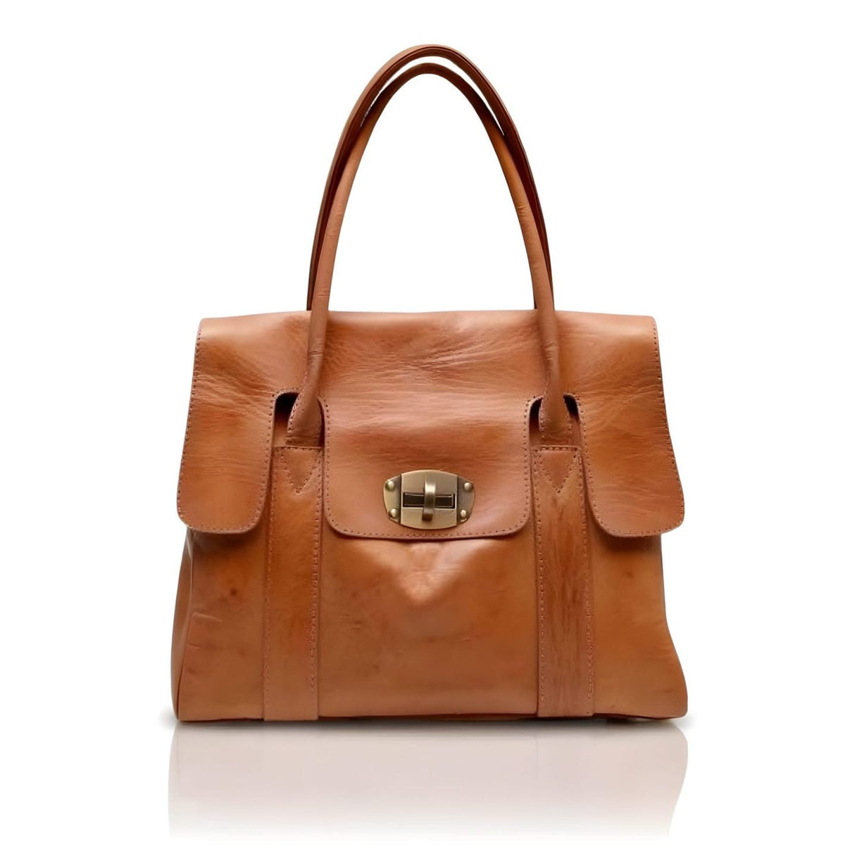 Cognac Leather Tote Bag with Turn-Lock Closure