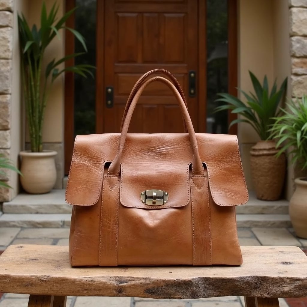 Cognac Leather Tote Bag with Turn-Lock Closure