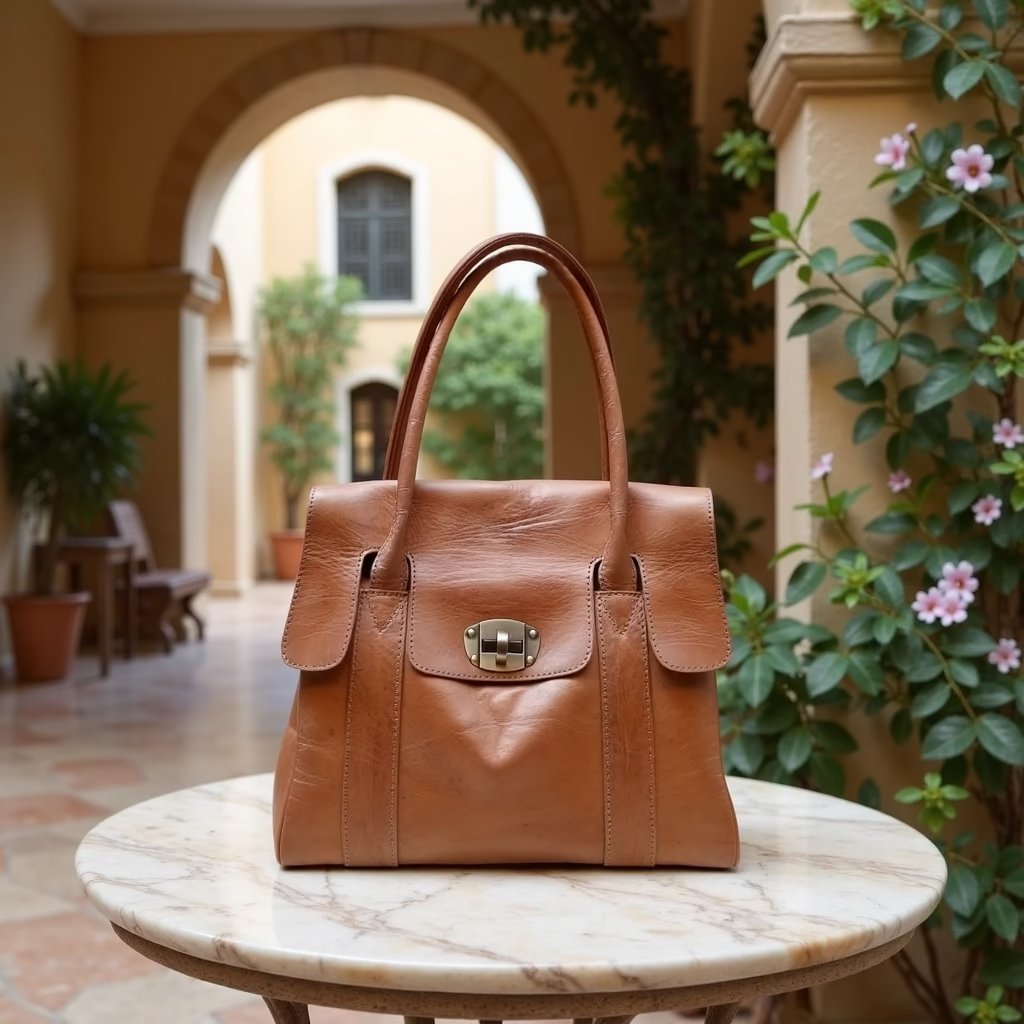 Cognac Leather Tote Bag with Turn-Lock Closure