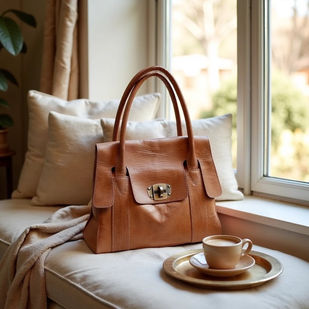 Cognac Leather Tote Bag with Turn-Lock Closure