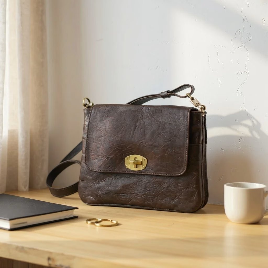 Dark Brown Leather Crossbody Bag – Goat Leather with Brass Hardware