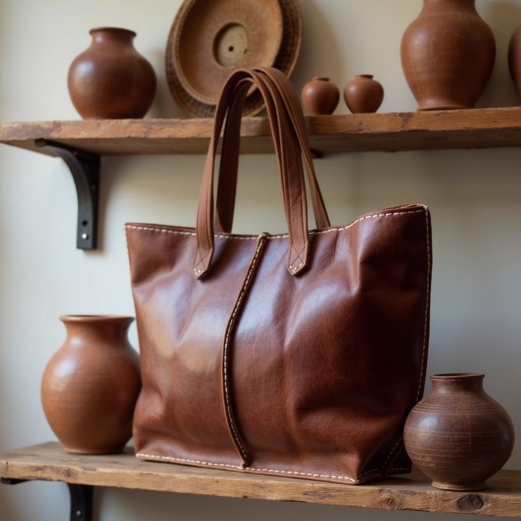Cognac Cow Leather Market Tote Bag – Open-Top Everyday Shopper