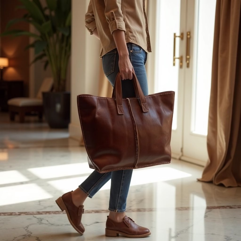 Cognac Cow Leather Market Tote Bag – Open-Top Everyday Shopper