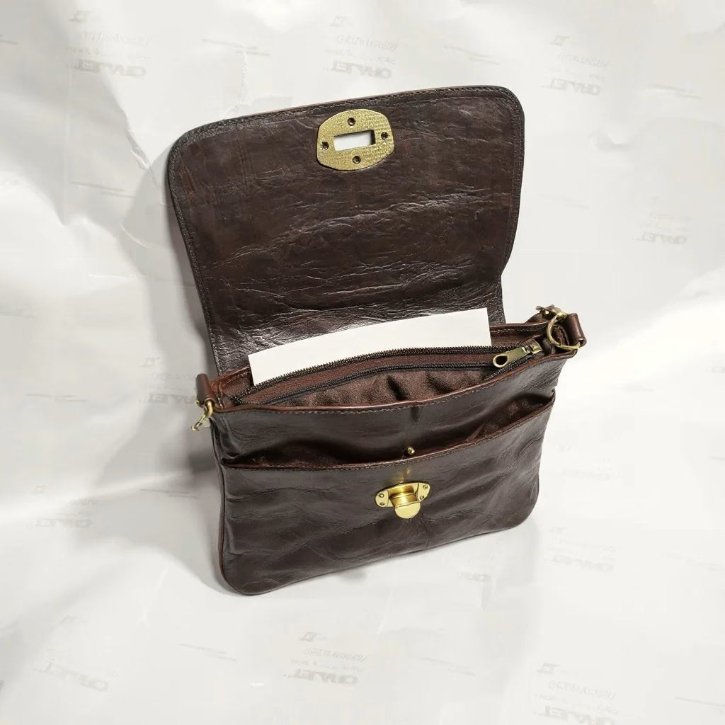 Dark Brown Leather Crossbody Bag – Goat Leather with Brass Hardware