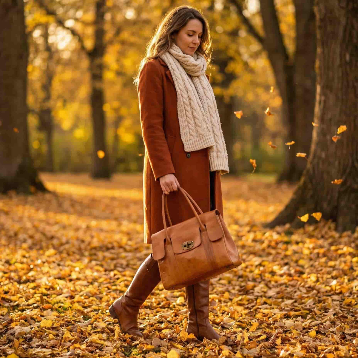 Cognac Leather Tote Bag with Turn-Lock Closure