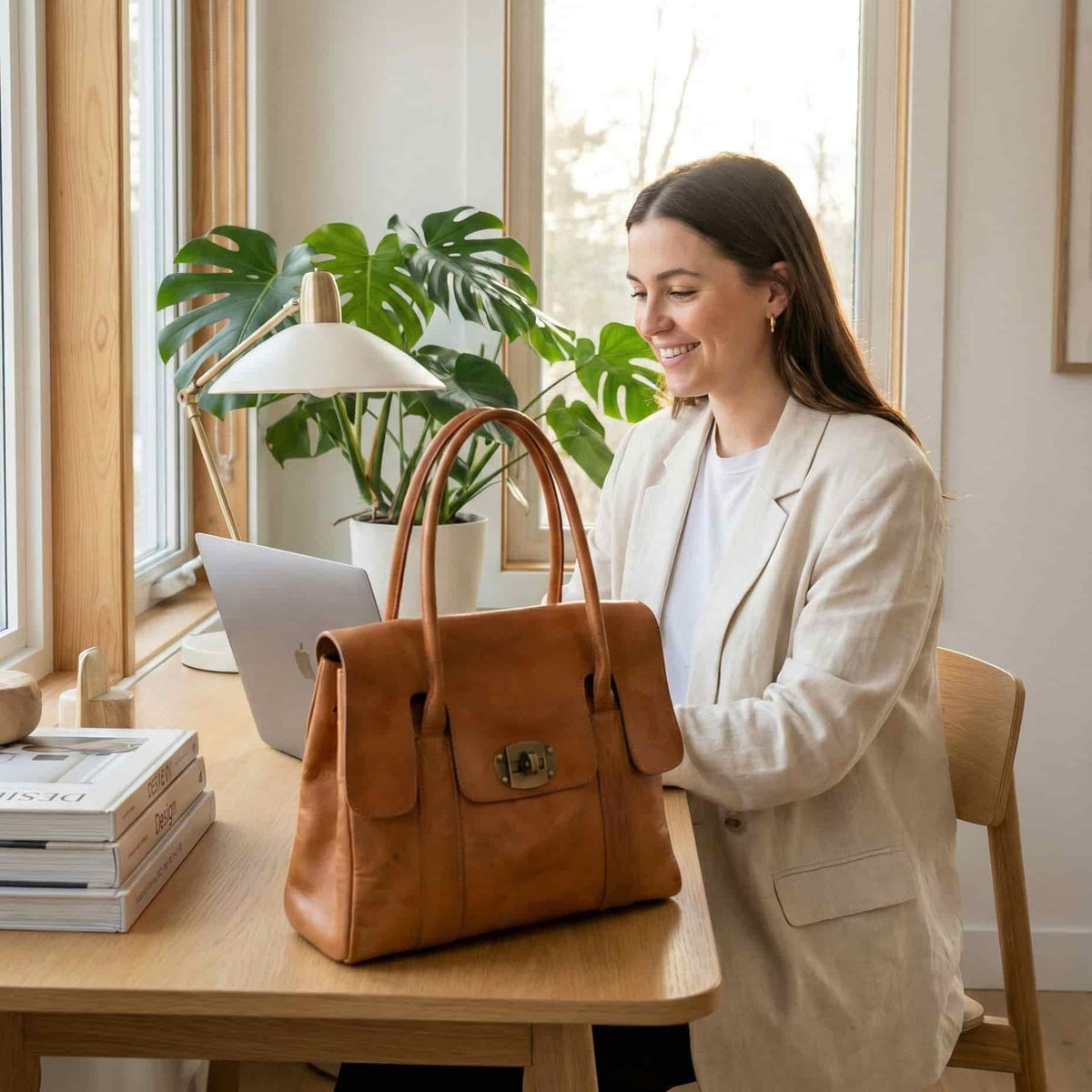 Cognac Leather Tote Bag with Turn-Lock Closure