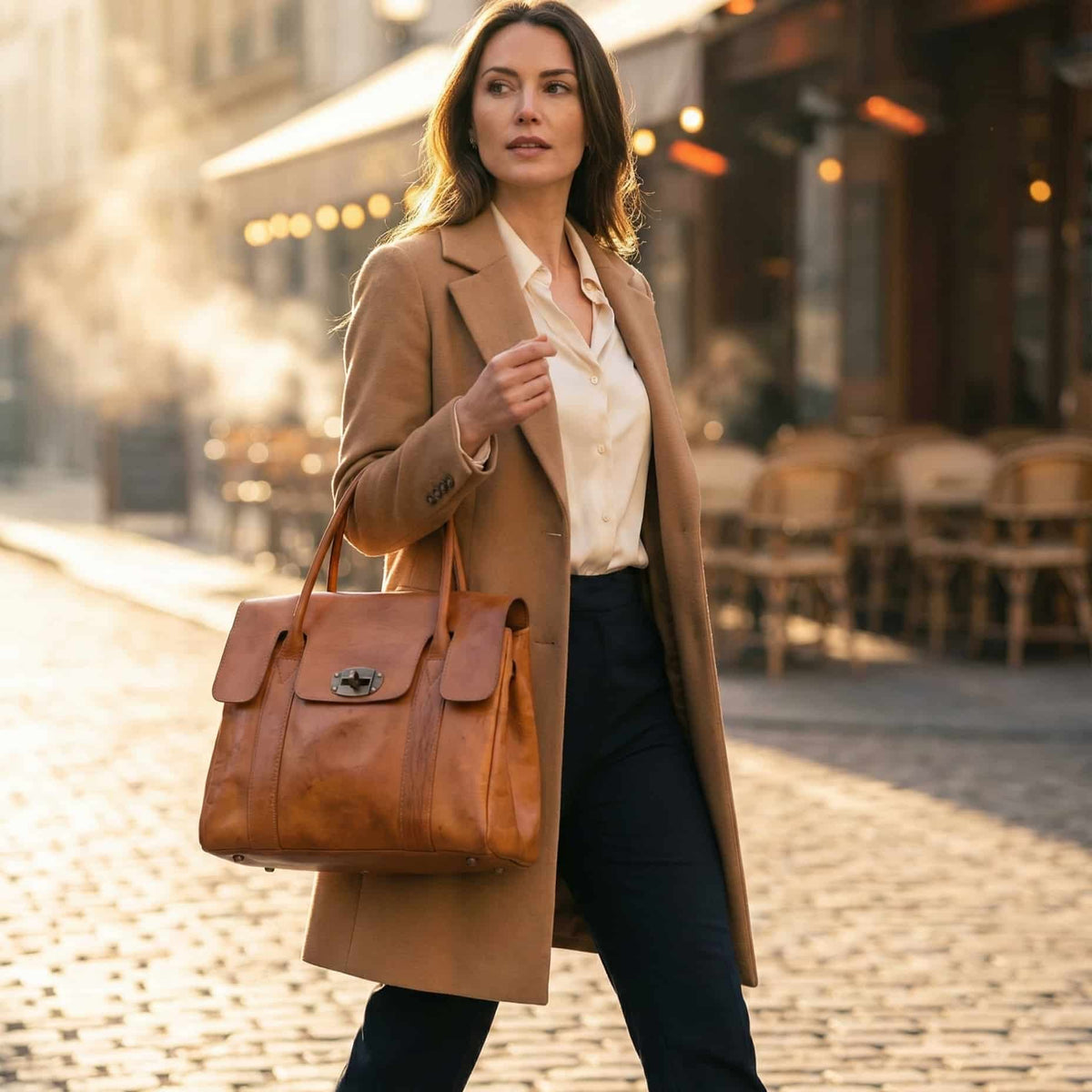 Cognac Leather Tote Bag with Turn-Lock Closure
