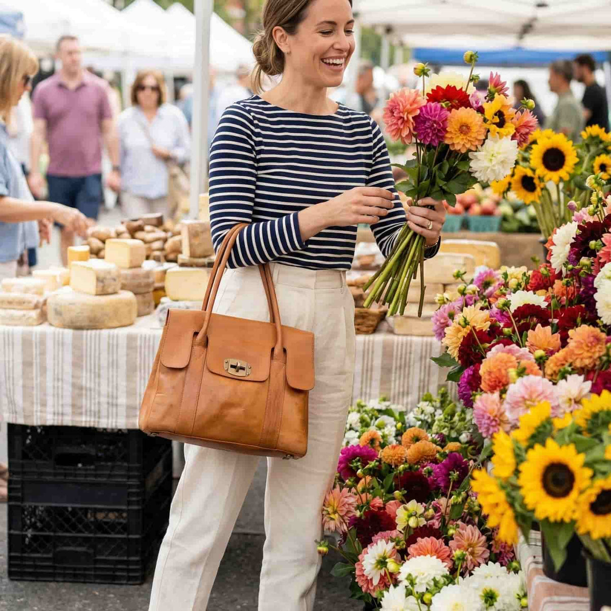 Cognac Leather Tote Bag with Turn-Lock Closure