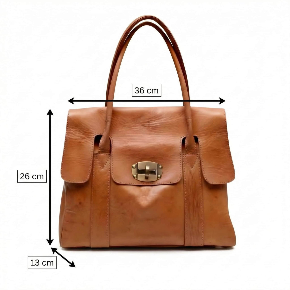 Cognac Leather Tote Bag with Turn-Lock Closure