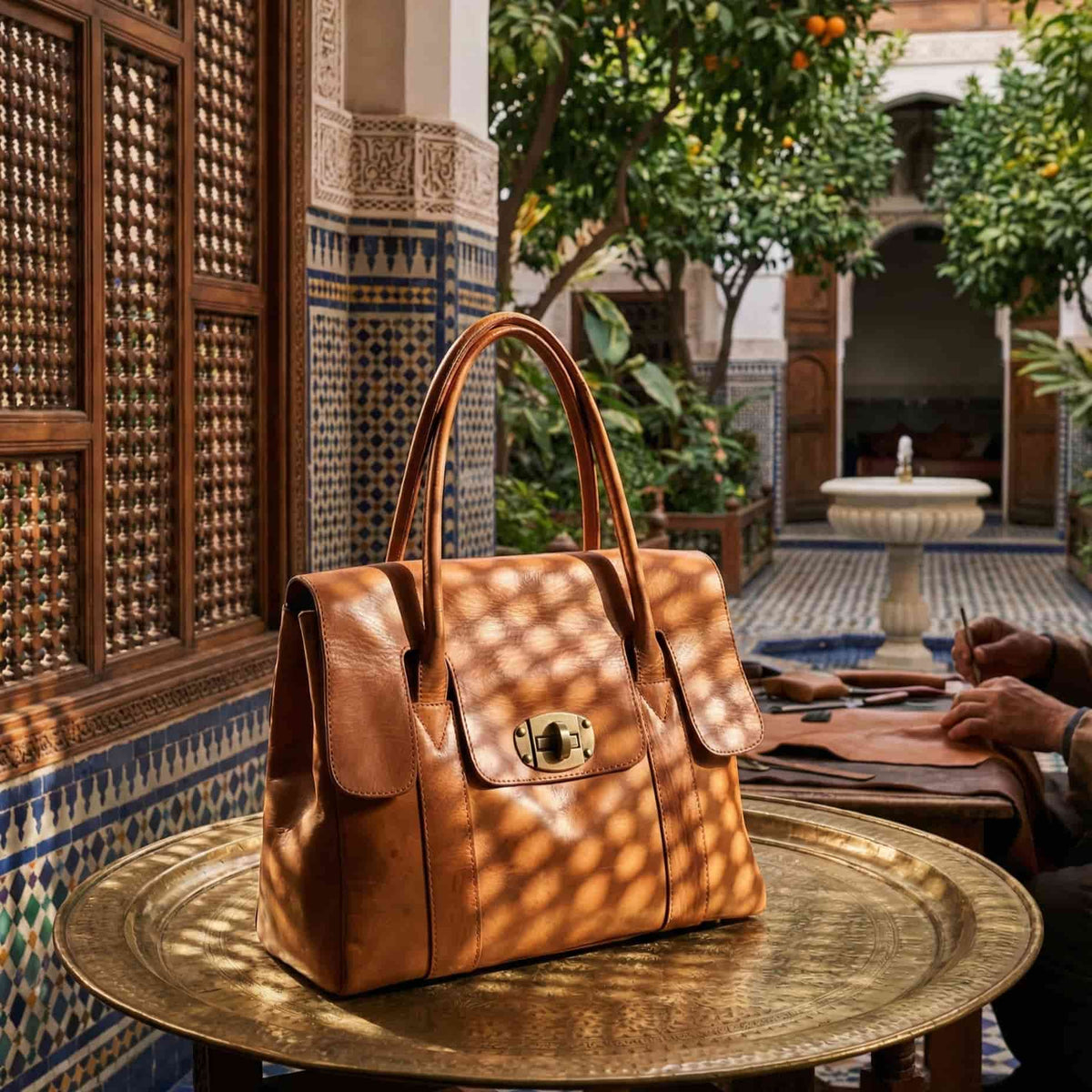 Cognac Leather Tote Bag with Turn-Lock Closure